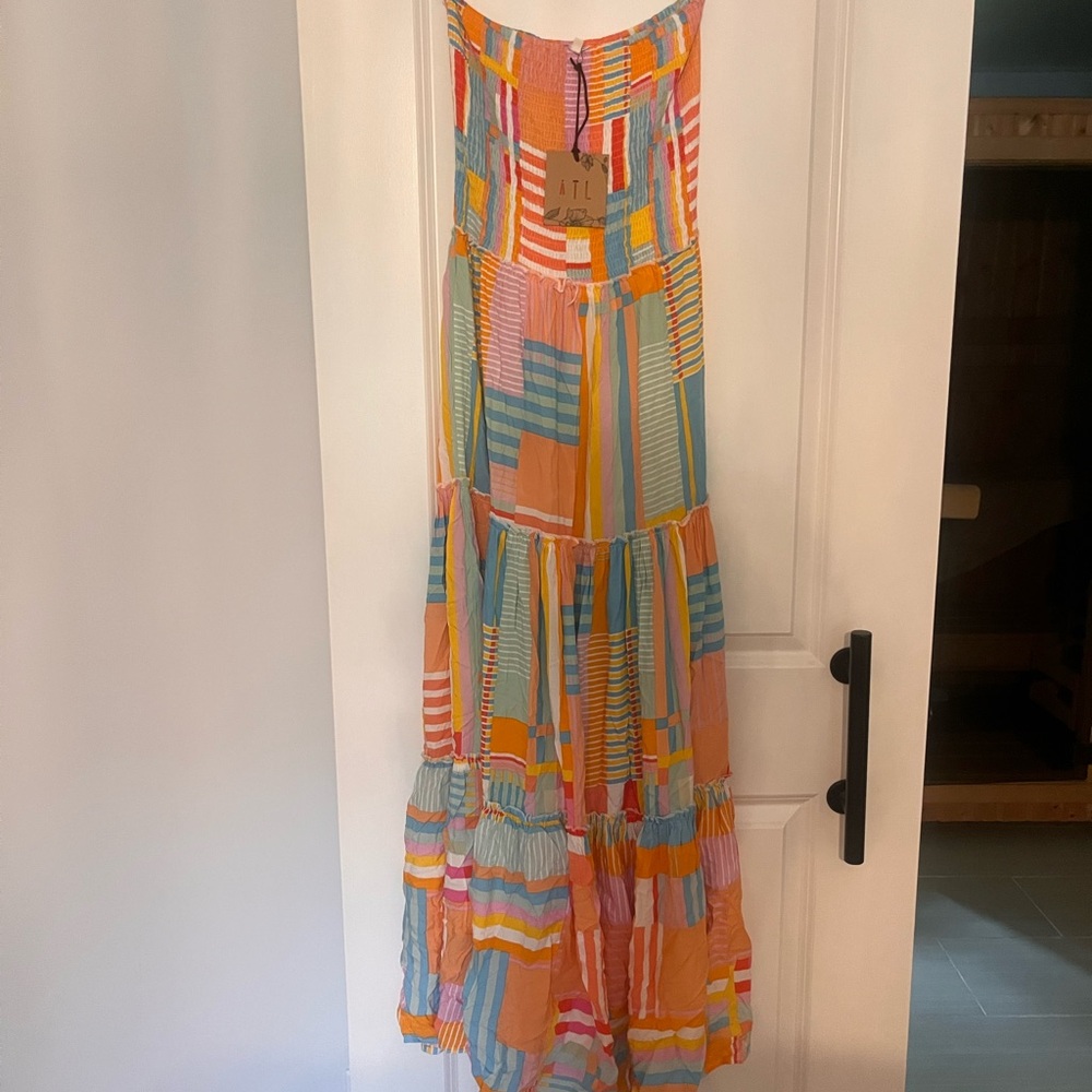 Anthropologie Abel The Label Orange Pink smocked Strapless Maxi Dress size large